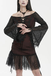 Robe gothique pour femme à manches cloche en dentelle avec texture élastique rouge et ourlet à une épaule